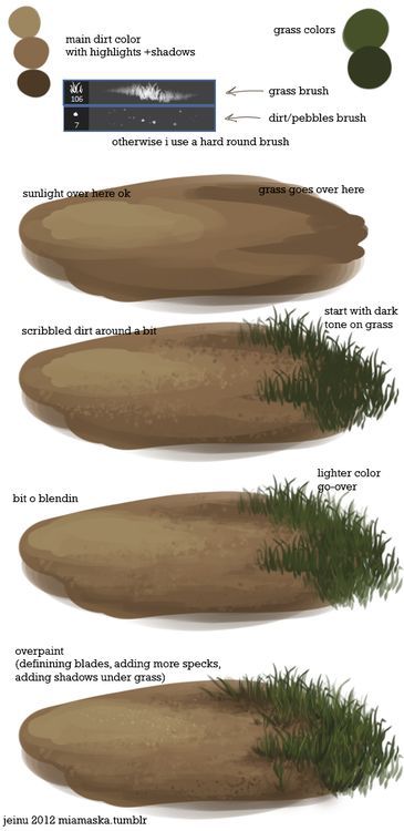 grass tutorial, showing progression form shaded earth to a patch of grass Find more pin from http://www.pinterest.com/santopurna Grass Tutorial, Inkscape Tutorials, Digital Painting Tutorials, Art Instructions, Painting Lessons, Digital Art Tutorial, Painting Tips, Art Tips, Drawing Tips