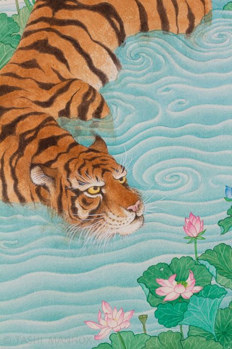 Water Tiger - Tashi Mannox Indian Tiger Painting, Chinese Tiger Painting, Water Tiger Art, Indian Tiger Art, Asian American Art, Chinese Tiger Tattoo, Japanese Tiger Art, Korean Tiger, Tiger In Water