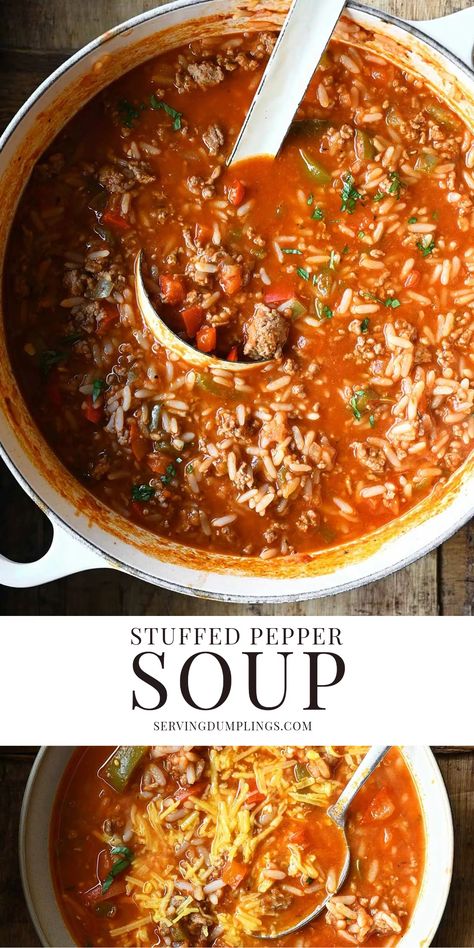 Stuffed Pepper Soup Stuffed Red Pepper Soup, Stuffed Pepper Soup Keto, Tomato Bell Pepper Soup, Soups In Dutch Oven, Stuffed Bell Pepper Soup Recipe, Stuffed Pepper Soup Stovetop, Fall Soups And Stews Crock Pot, Stuffed Bell Peppers Soup, Stuffed Peppers Soup