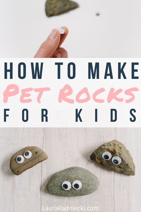 Looking for an easy DIY kids craft idea? Learn how to make pet rocks for kids! Help kids imagine, play pretend, learn emotions and more with their very own pet rock, made by them! #petrock #kidscraft #lauraradniecki Make Your Own Pet Craft, Rockstar Crafts For Kids, How To Make A Pet Rock, Crystal Making For Kids, Diy Garden Stones Kids, Pet Rocks Craft, Diy Leaf Garland, Skins Minecraft, Kids Craft Supplies