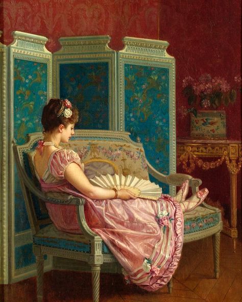 More #lounging - This lady looks as if she's taken a break from the ball to put her feet up, doesn't she? Another late 19thc painting featuring a costume from earlier in the century. "Idle Thoughts" by Auguste Toulmouche, 1872, private collections. #toulmouche #1870s #frenchart #frenchartist #romanticart #retroart #lookingbackwards #victorianregency #fashionhistory #costumehistory #art #ladyonacouch #arthistory #historyofart #artlovers #heartart Auguste Toulmouche, Victorian Paintings, Historical Painting, Art Ancien, Victorian Art, Romantic Art, Classical Art, 영감을 주는 캐릭터, Old Art