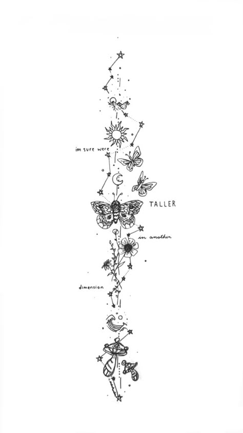 Nature Inspired Spine Tattoo, Matching Spine Tattoos, Mushroom Spine Tattoo, Spine Tattoos For Women Astrology, Plant Spine Tattoo, Artsy Spine Tattoo, Spine Tattoos Butterflies And Flowers, Whimsical Spine Tattoo, Aries Spine Tattoo