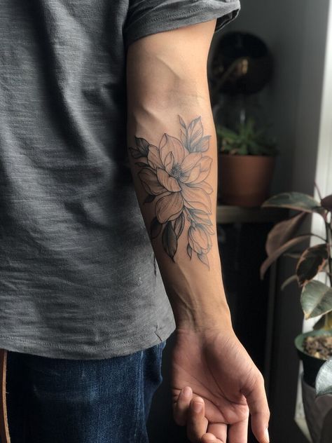 Manly Floral Tattoo, Back Of Forearm Flower Tattoo, Flowers Tattoos Men, Men’s Floral Tattoos, Flower Tattoo Ideas Men, Floral Men’s Sleeve Tattoo, Flower Forearm Tattoo Men, Mens Flower Tattoo Forearm, Back Of The Arm Tattoo Men