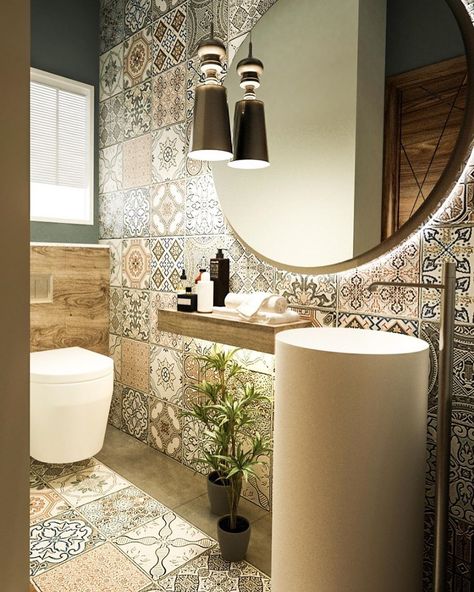 Mai Saad on Instagram: “Think moroccan 💫...... just dream about your home 🏡, and we are here to make it comes true. #home #homes #house #interior #interiordesign…” Modern Moroccan Bathroom, Moroccan Bathroom Ideas, Moroccan Tile Bathroom, Moroccan Style Bathroom, Moroccan Inspired Bathroom, Half Bath Design, Studio Bathroom, Small Bathroom Paint, Moroccan Bathroom