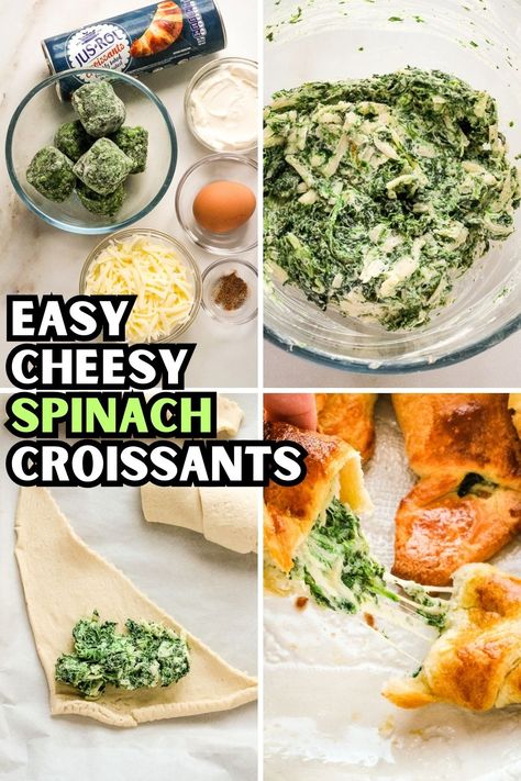 Cheesy Croissant Rolls, Croissant Spinach Cheese, Spinach And Cheese Croissant, Vegetarian Croissant Fillings, Crescent Roll Recipes Healthy, Spinach And Cheese Crescent Rolls, Blw Crescent Roll, Spinach Cream Cheese Crescent Rolls, Croissant Recipes Easy