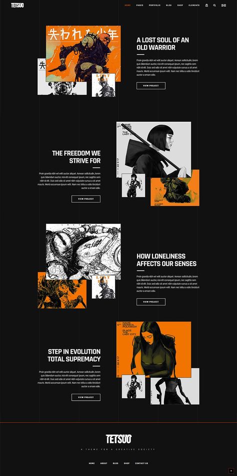 Inspired by iconic manga and cyberpunk culture, Tetsuo is a creative portfolio WordPress theme for every designer, artist or illustrator.   #wordpress #webdesign #theme #template #creative #design #creativeagency #artist #portfolio #manga Graphic Artist Portfolio Ideas, Artist Website Design Ideas, Portfolio For Designer, Fashion Portfolio Website Design, Cyberpunk Layout Design, Art Portfolio Website Inspiration, Website Design Portfolio Inspiration, Portfolio Webpage Design, Portfolio Ideas Design Creative