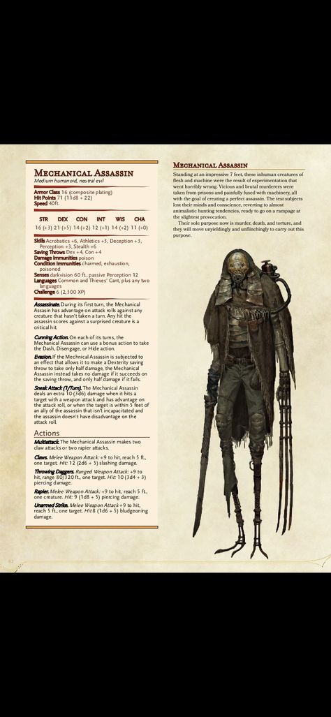 Dnd Boss Stat Block, Assassin Dnd 5e, Dnd Machine Monster, D&d 5e Monsters, Dnd Assassin Stats, D&d Monster Stats, Homebrew Creatures 5e, Dnd Clockwork Monsters, Bloodborne Dnd 5e