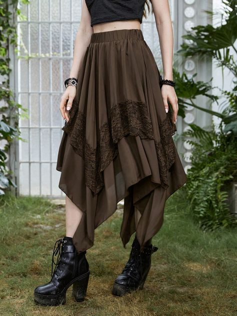 Coffee Brown Casual Collar  Fabric Plain Asymmetrical Embellished Non-Stretch  Women Clothing Fairy Clothing Style, Long Cottagecore Skirt, Swamp Witch Fashion, Grunge Outfits On Amazon, D&d Clothes, Alternative Boho Outfits, Mushroom Skirts, Fantasy Combat Outfit, Grunge Upcycle Clothes