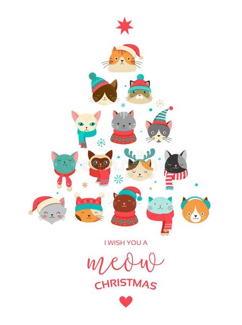 Christmas Illustration Design, Merry Christmas Cat, Merry Christmas Greeting Card, Happy Merry Christmas, Merry Christmas Card Greetings, Merry Christmas Greetings, Christmas Greeting Card, Cat Cards, Christmas Illustration