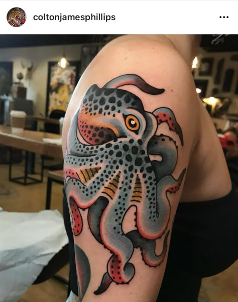 Unique Neo Traditional Tattoo, Old School Tattoo Octopus, Octopus Tattoos Color, Trad Octopus Tattoo, Neo Trad Octopus, Jelly Fish Tattoo Traditional, Traditional Ocean Tattoo Sleeve, Colorful Octopus Tattoo, Neo Traditional Octopus Tattoo