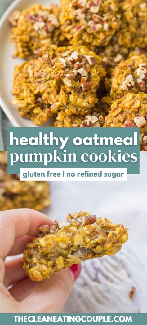 Healthy Oatmeal Pumpkin Cookies (Gluten Free, No Refined Sugar) are a delicious fall breakfast! Made with only 8 ingredients, they are perfect for meal prepping & naturally gluten free. Healthy Pumpkin Cookies Gluten Free, Whole 30 Pumpkin Cookies, Pumpkin Oatmeal Bars Vegan, Healthy Pumpkin Protein Cookies, Healthy Oatmeal Cookies Breakfast, Keto Pumpkin Oatmeal Cookies, Pumpkin Oatmeal Cookies Gluten Free, Healthy Pumpkin Cookies Easy, Healthy Pumpkin Scones