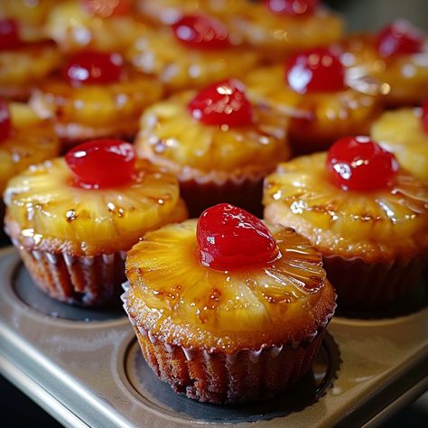 Mini Pineapple Upside-Down/ Cupcakes Mini Upside Down Pineapple Cake Cupcakes, Mini Pineapple Upside Down Cupcakes, Mini Pineapple Upside Down, Desserts For Fish Fry, Pineapple Upside Down Cake Mini, Mini Pineapple Upside Down Cakes Easy, Pineapple Upside Down Cake Cupcakes, Mini Upside Down Pineapple Cake, Pineapple Upside Down Cupcake Recipe