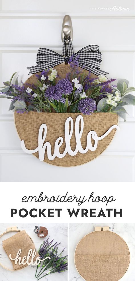 Diy Wreath Burlap, Craft With Embroidery Hoop, Diy All Season Wreath, Easy Vendor Crafts, Embroidery Hoop Pocket Wreath, Spring Craft Projects For Adults, April Craft Ideas For Adults, Quick And Easy Crafts For Adults, Spring Arts And Crafts For Adults