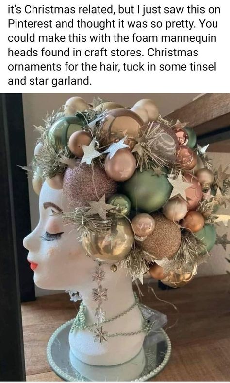 Repurpose + Upcycle = Inspiration | Not my photo but I have a few of these Styrofoam heads from the $ store and now know what to do with them 🥰 | Facebook Christmas Mannequin Head, Styrofoam Heads, Mannequin Decor, Upcycle Inspiration, Styrofoam Head, Star Garland, Diy Christmas Decorations Easy, Mannequin Head, Mannequin Heads