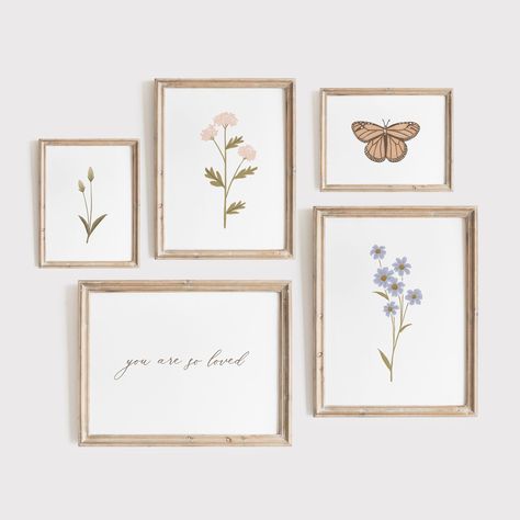 THIS ITEM IS A DIGITAL DOWNLOAD Please note that this listing is for digital files only. No physical product will be shipped. ABOUT Add the perfect finishing touch to your little one's nursery or bedroom decor with this set of vintage wildflower prints. This set includes two wildflower prints, one greenery, one butterfly, and one 'you are so loved' print. With multiple sizes to choose from, these files are designed to fit almost any frame size. Download, print, and trim your art at home within m Wildflower Room Theme, Muted Floral Nursery, Nursery Floral Decor, Floral And Butterfly Nursery, Vintage Wildflower Aesthetic, Wildflower Themed Nursery, Wildflower Nursery Decor, Wild Flower Nursery Theme, Vintage Floral Nursery Decor