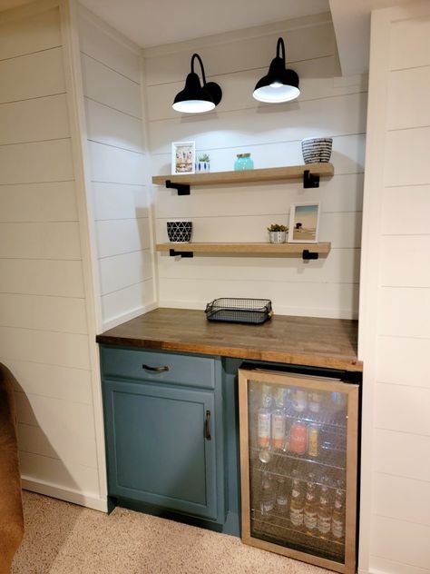 Shiplap basement dry bar snack bar butcher block countertop cabinet remodel farmhouse Small Bar In Basement Ideas, Mini Fridge On Countertop, Diy Bar Cart With Mini Fridge, Living Room Mini Fridge, Basement Bar With Butcher Block Top, Butcher Block Countertops Dry Bar, Mini Fridge In Basement, Finishing Small Basement, Snack Bar Ideas Basement