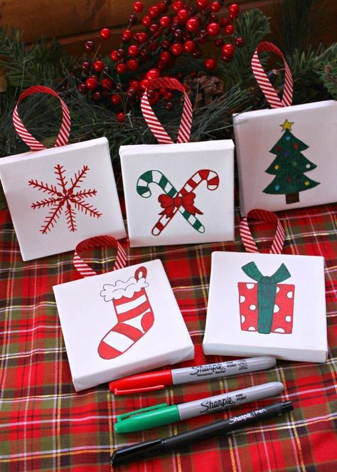 Mini Canvas Ornaments. Adorn the Christmas tree with these Mini Canvas Ornaments for a festive, handmade touch! They are so simple to make and so colorful, thanks to Sharpie Fine markers from Michaels! They’re also easy to customize with your favorite holiday designs and images! #GetCraftyWithSharpie #Pmedia #ad #handmadeornament #ornament #craftprojects #crafts #holidaycrafts #christmascraft Mini Canvas Ornaments, Diy Christmas Canvas, Canvas Ornaments, Mini Toile, Christmas Canvas Art, Christmas Paintings On Canvas, Holiday Painting, Christmas Canvas, 3d Christmas