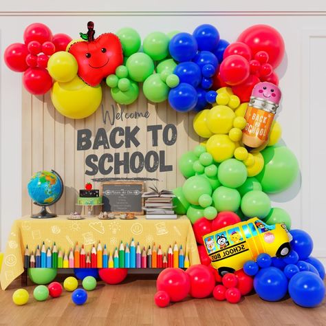 PRICES MAY VARY. Back-to-School Balloon Garland: Celebrate the excitement of a new school year with our charming balloon garland featuring apple, pencil, and school bus-shaped foil balloons.These timeless colors universally evoke an energetic and studious atmosphere. Vibrant Color Palette: Alongside the back-to-school balloons, enjoy an assortment of vibrant latex balloons in classic school-inspired colors like yellow, red, and green, creating a lively and playful atmosphere. Creative Balloon Ar School Balloon Arch, Back To School Balloon Arch, School Themed Party, School Balloons, First Day Of School Classroom, Last Day School, Balloon Displays, Balloon Colors, Balloon Business