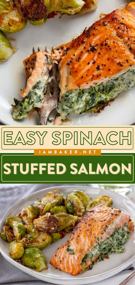 What To Make With Salmon Dinners, Dinner Recipes With Seafood, Crockpot Recipes Pescatarian, Fish With Spinach Recipes, Easy Seafood Dishes, Easy Healthy Dinner Pescetarian, Creamed Spinach Stuffed Salmon, Spinach Fish Recipes, Healthy Stuffed Salmon