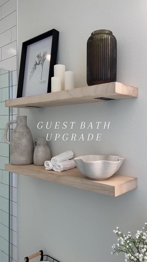 Kitchen Modern Decorating Ideas, Organic Modern Bathroom Shelf Decor, Bathroom Shelves Over Toilet Styling, Small Bathroom Apartment Decoration, Small Spa Bathroom Ideas Modern, No Counter Bathroom Ideas, Restroom Floating Shelves Ideas, Small Bar Bathroom Ideas, Modern Bathroom Shelf Decor