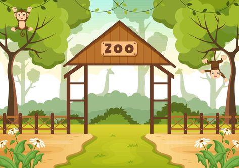 Zoo Cartoon Illustration with Safari Animals Monkey, Cage and Visitors on Territory on Forest Background Design Animal Cartoon Background, Compound Wall Art, Zoo Background, Zoo Cartoon, Zoo Clipart, Cartoon Zoo Animals, Monkey Cage, Picture Story For Kids, Forest Animals Clipart