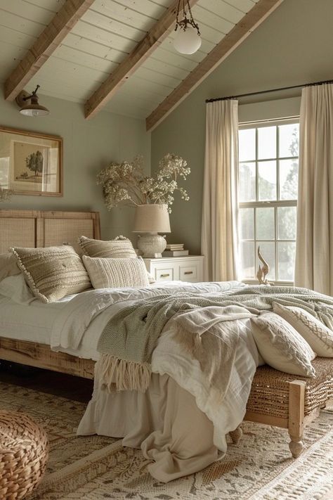 Sage Green Farmhouse Bedroom, Green Farmhouse Bedroom, Sage Green Farmhouse, Sage Bedroom, Taupe Bedroom, Green Farmhouse, Farmhouse Bedroom Ideas, Farmhouse Room, Sage Green Bedroom