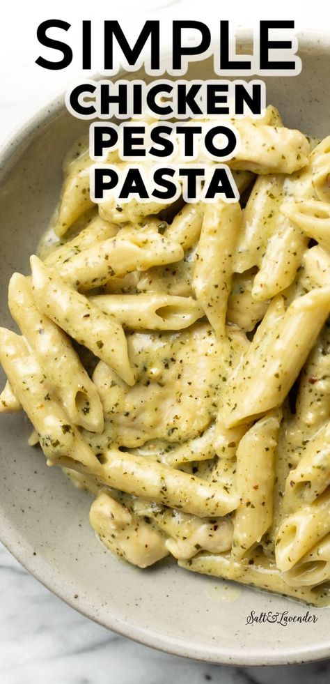 a bowl of penne in creamy sauce with text overlay that reads simple chicken pesto pasta Best Chicken Pesto Pasta Recipes, Pesto Pasta And Chicken Recipe, Chicken With Pesto Cream Sauce, One Pot Creamy Pesto Chicken Pasta, Chicken Bacon Pesto Pasta, Chicken Pesto Pasta Instant Pot, Chicken And Pesto Pasta Recipes, Chicken With Pesto Pasta, Pesto And Chicken Pasta