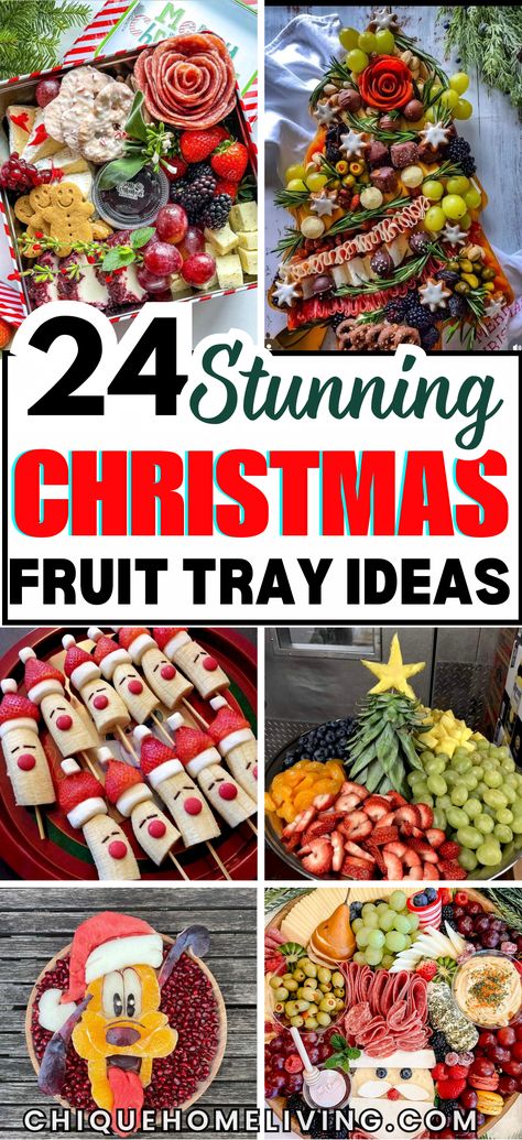 Brighten up your holiday table with these Christmas Fruit Tray Ideas that are as festive as they are delicious! Create colorful displays featuring red and green grapes, strawberries, kiwi, and watermelon shaped into holiday icons like Christmas trees, wreaths, or candy canes. Santa Grapes And Strawberries, Christmas Breakfast Fruit Platter, Displaying Fruit At A Party, Christmas Theme Fruit Ideas, Christmas Veggie And Cheese Tray, Winter Fruit Platter Ideas Party, Relish Trays For Christmas, Fruit Cheese Platter Ideas, Charcuterie Board Ideas Christmas Fruit