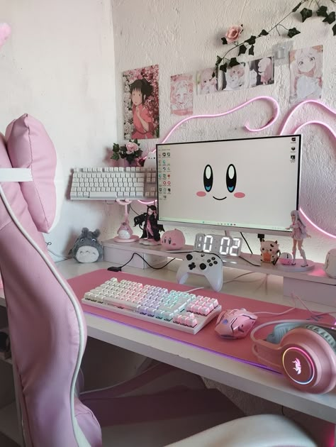 Set Up Gamer Girl, Setup Rosa, Pink Pc Setup, Setup Gamer Girl, Pink Setup, Bedroom Gamer, Gamer Bedroom, Gamer Decor, Gaming Desk Setup