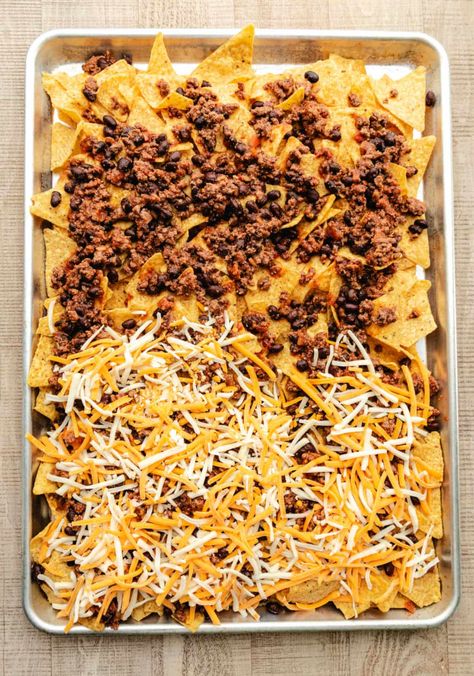 Sheet Pan Nachos - Cook Dinner Tonight Nachos Oven Baked, Nachos Recipe Sheet Pan, Nacho Sheet Pan Dinner, Easy Oven Nachos, Pan Nachos Sheet, Sheetpan Nachos Ground Beef, Sheet Nachos Ground Beef, Oven Nachos Ground Beef, Baked Nachos Recipe Beef