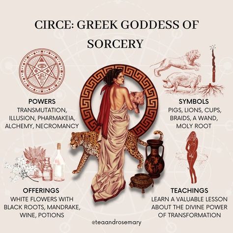 Tea & Rosemary☕️🌱 on Instagram: "Circe: Greek Goddess Of Sorcery⁣ ⁣ Circe is a sorceress and herbalist first referred to as a goddess in Homer’s Odyssey. Circe is yet another feminine entity in Greek mythology that has been demonized for using her magic to stand up for herself and to gain power.⁣ ⁣ Circe is (in my opinion) an ideal goddess for human witches to work with. She's not soft, but she's a great teacher and incredibly powerful sorceress. ⁣ ⁣ 𝗣𝗼𝘄𝗲𝗿𝘀: Transmutation, Illusion, Pharm Circe Goddess, Wicca Recipes, Goddess Magick, Symbole Viking, Dark Goddess, Greek Mythology Gods, Divine Power, Wiccan Magic, Witch Spirituality