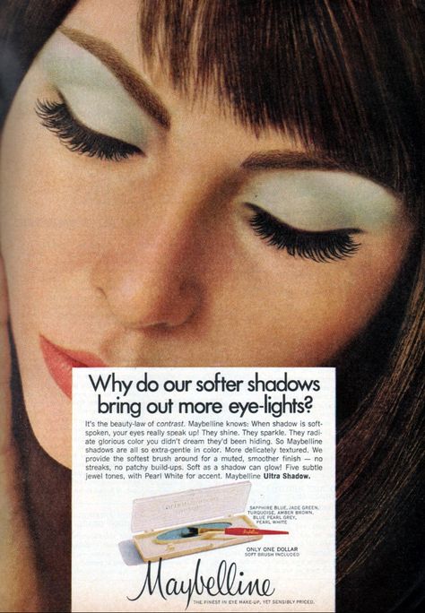 Vintage Maybelline, Maybelline Foundation, Vintage Makeup Ads, 60s Makeup, Maybelline Eyeshadow, Beauty Advertising, Makeup Ads, Retro Makeup, Soft Beauty