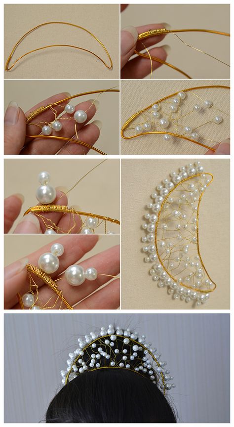 #Beebeecraft Tutorial - How to Make a White Pearl #Wedding #Crown #Headband How To Make A Crown, Christmas Headband Diy, Beaded Crown, Headpiece Jewelry, Wire Work Jewelry, Diy Headband, Crown Headband, Handmade Wire Jewelry, Handmade Jewelry Designs