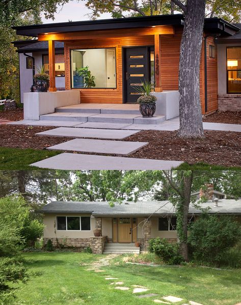 Denver mid-century home gets stunning makeover, completely transforming its curb appeal Decked Front Porch, Mid Century Modern Makeover Exterior, Concrete Chimney Exterior, Bungalow Makeover Exterior, Front Yard Fence Busy Street, Modern Curb Appeal Landscaping, Mid Century Modern Landscape Front Yard, Modern Portico, Driveway Entrance Curb Appeal