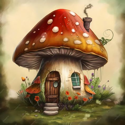 Premium Photo | A mushroom house with a red roof and a chimney House Watercolor Painting, Enchanted Mushroom, Mushroom Fairy House, House Watercolor, Art Cottage, Mushroom Fairy, Gouache Art, Mushroom House, Red Roof