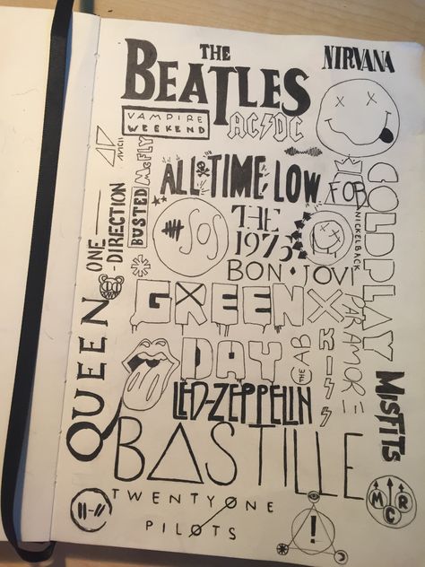 Emo Notebook Doodles, Rock Doodles Music, Rock Star Drawing, Music Doodles Aesthetic, Band Doodles, Song Doodles, Album Drawings, Notebook Drawing Aesthetic, Movie Doodles