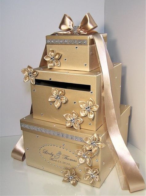 Quinceanera Card Box Ideas, Gold Card Box Wedding, Gold Card Box, 50 Party, Wedding Gift Money, Money Box Wedding, Card Box Holder, Champagne Gift, Stony Brook