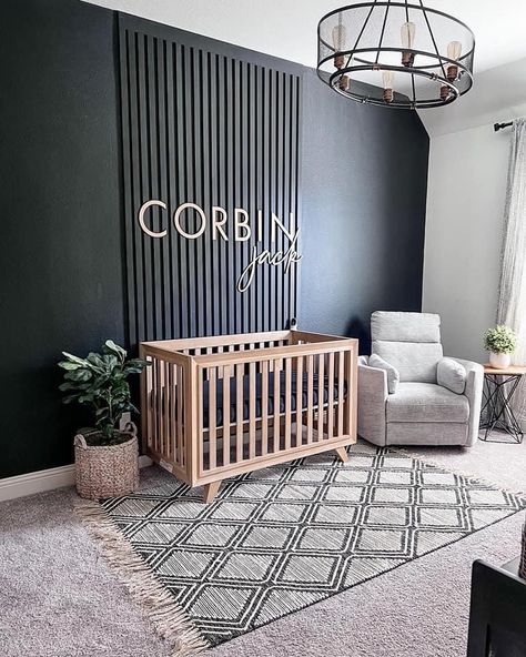 Dark Nursery, Nursery Accent Wall, Black Nursery, Baby Nursery Inspiration, Baby Room Neutral, Baby Room Themes, Baby Boy Room Decor, Nursery Room Design, Baby Room Inspiration