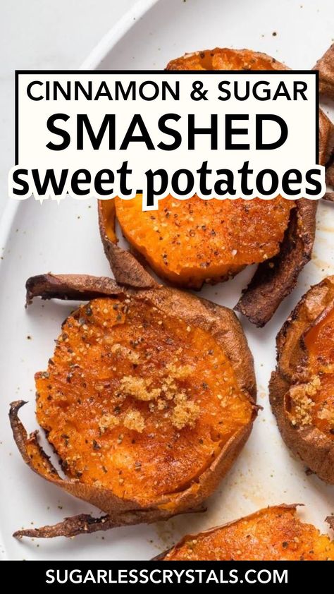 Smashed sweet potatoes are small, flavorful bites of sweet potatoes smashed then baked again with a cinnamon, sweet seasoning. A fun and easy vegetarian appetizer or vegetable side dish that's sure to be a hit with everyone Roasted Sweet Potatoes With Brown Sugar, Sweet Potato With Cinnamon, Sweet Potatoes Brown Sugar, Smashed Sweet Potatoes Baked, Glazed Sweet Potatoes Brown Sugar, Quick Baked Sweet Potato, Baked Sweet Potato Recipes, Sweet Potato Recipes Air Fryer Cinnamon, Baked Sweet Potato Oven Cinnamon