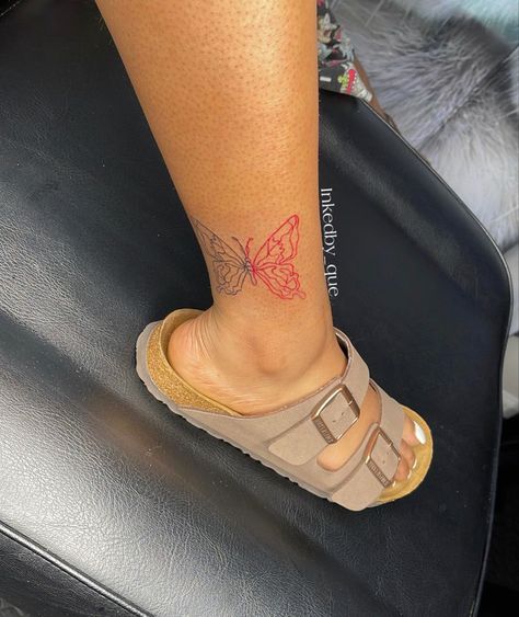 Dainty Above Knee Tattoo, Red Women Tattoo, Tattoo Behind Leg, Divine Feminine Tattoo Above Knee, Red Leg Tattoos Women, Cute Feet Tattoos Baddie, Lower Leg Tattoos Women Butterflies, Cute Tattoos For Black Women On Leg, Black Woman Leg Tattoo