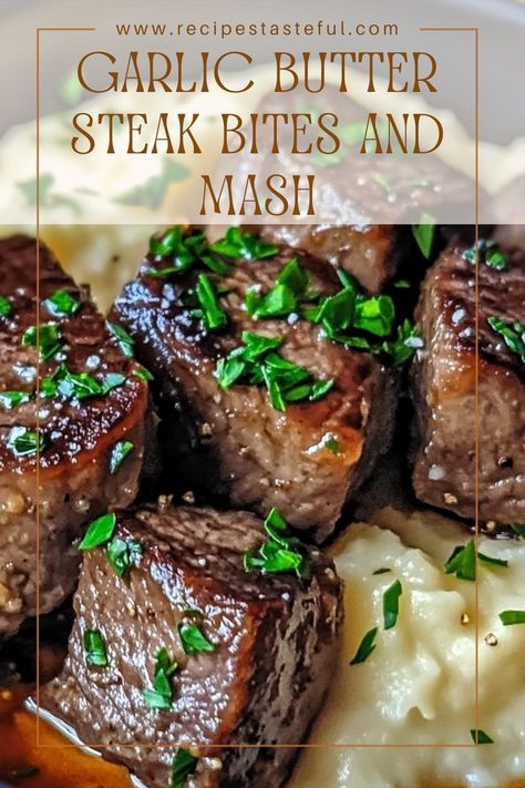 Savory garlic butter steak bites served over creamy mashed potatoes make for a comforting and delicious meal. Perfect for any occasion, this dish combines tender steak with rich flavors and a smooth texture. Steak And Mashed Potatoes, Garlic Butter Steak Bites, Butter Steak Bites, Garlic Steak, Butter Steak, Creamy Mash, Mash Recipe, Creamy Garlic Sauce, Garlic Butter Steak