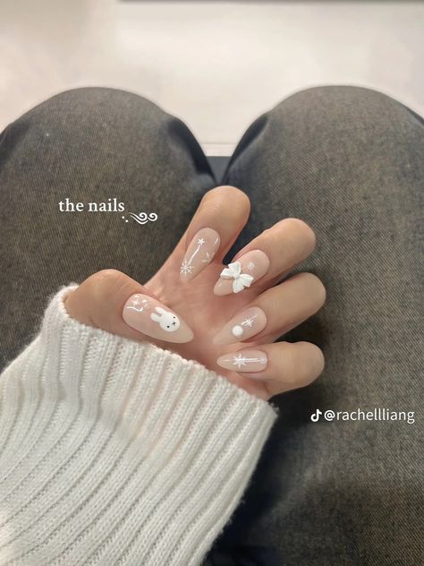 Cute Nails Winter, Miffy Nails, Nails Chinese, Nails Douyin, Chinese Nails, Douyin Nails, Winter Nails Christmas, Nails Tiktok, Nails Coquette