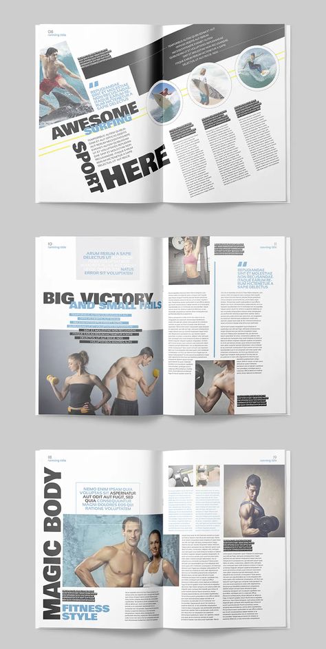 Professional and Clean Sport Magazine Template. 25 Unique Pages Sports Editorial Layout, Sports Book Cover, Fitness Magazine Layout, Unique Magazine Layout, Sport Magazine Layout Design, Sports Illustrated Magazine Layout, Sport Layout Design, Magazine Sport Design, Sports Magazine Layout Design