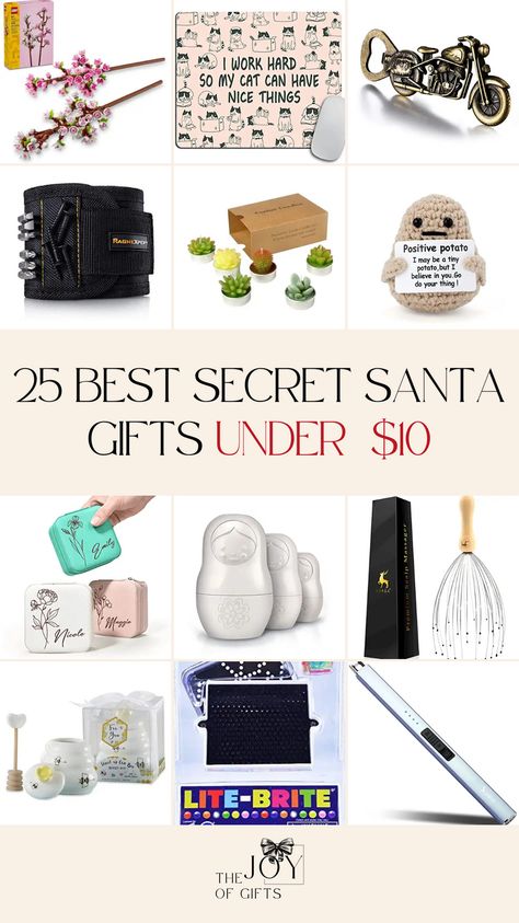 Need a great Secret Santa gift under $10? This gift guide from The Joy of Gifts will help you find an affordable gift that they'll love! See fun, useful, and decorative Secret Santa gift ideas that are unique and thoughtful. Girly Secret Santa Gifts, Friend Secret Santa Gifts, Great Secret Santa Gift Ideas, 15 Dollar Gift Ideas Secret Santa, Good Secret Santa Gifts For Women, Secret Santa Gift Themes, Secret Santa Gift Ideas Under 5, Unique Secret Santa Gifts, Simple Secret Santa Gifts