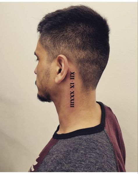 roman numerals tattoos Roman Letters Tattoo, Mens Roman Numeral Tattoo, Letters Tattoo Ideas, Kneck Tattoos, Roman Numeral Wrist Tattoo, Neck Tattoo Women, Tattoos Behind Ear, Numerals Tattoo, Front Neck Tattoo