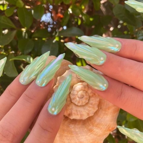 Italy Nails, Nail Suggestions, Seashell Nails, Mermaid Seashell, Green Mermaid, Mermaid Nails, Nails Desing, Pretty Acrylic Nails, Chic Nails