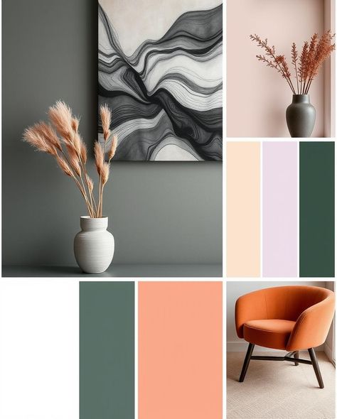 Transform your living space with this elegant blend of muted green, warm peach, and soft neutral tones. This color palette is perfect for creating a calm, minimalist atmosphere with a touch of warmth. Whether you're redecorating a room or just looking for fresh ideas. Follow for more interior design tips and trends! 🌿🎨 #HomeDecor #MinimalistDesign #ColorInspiration #InteriorDesignIdeas #ModernLiving Cozy Color Palette, Minimalist Decor Ideas, Cozy Colors Palette, Modern Minimalist Decor, Color Palette Inspiration, Palette Inspiration, Muted Green, Board Ideas, Minimalist Decor