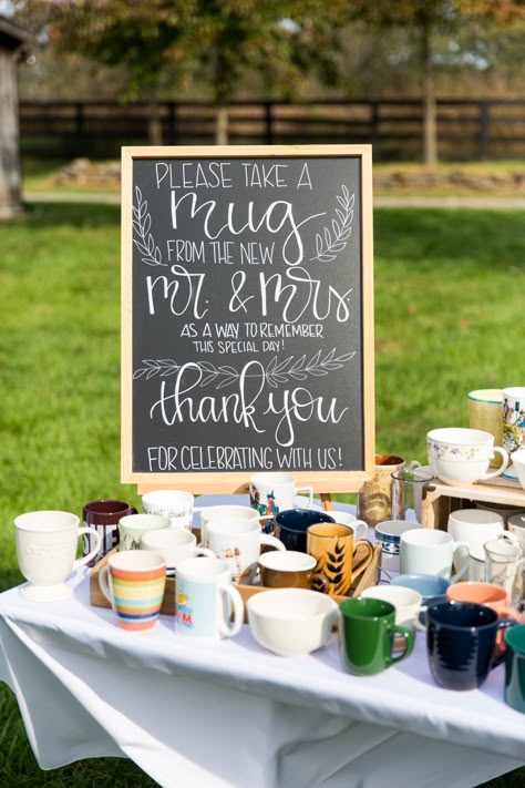 Boho Wedding Coffee Bar, Coffee Cup Wall Wedding, Mugs At Wedding, Take A Mug Wedding Sign, Coffee And Tea Station Wedding Bar Ideas, Mug Wedding Favors For Guests, Wedding Favor Mug, Coffee Bar For Wedding Receptions, Coffee Mug Seating Chart