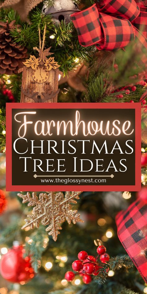 farmhouse christmas tree ornaments, buffalo check plaid ribbon, snowflake, berries, pine cones, lights Navy Buffalo Check Living Room, Christmas Tree Ideas Country Rustic, Traditional Rustic Christmas Tree, Natal, Christmas Garland Ideas For Tree, Christmas Tree Farmhouse Theme, Christmas Tree Rustic Theme, Cozy Cabin Christmas Tree, Farmhouse Themed Christmas Tree