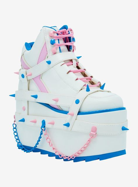 These platform sneakers are perfect for baddies who like to feel cute! They feature strappy buckles and pastel blue and pink spike detailing throughout. Plus  chain accents on the platforms.Listed in women's sizes.Heel: 4" Platform: 3''Polyurethane upper; EVA soleImported Kawaii, Size 7 Shoes, Pastel Orange Shoes, Pastel Rock Outfits, Pochacco Shoes, Colorful Platform Shoes, Shoe Styles 2024, Kidcore Shoes, Kawaii Platform Shoes